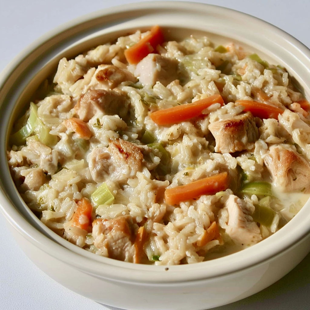 Un riz crémeux avec poulet tendre et légumes, servi dans un bol.