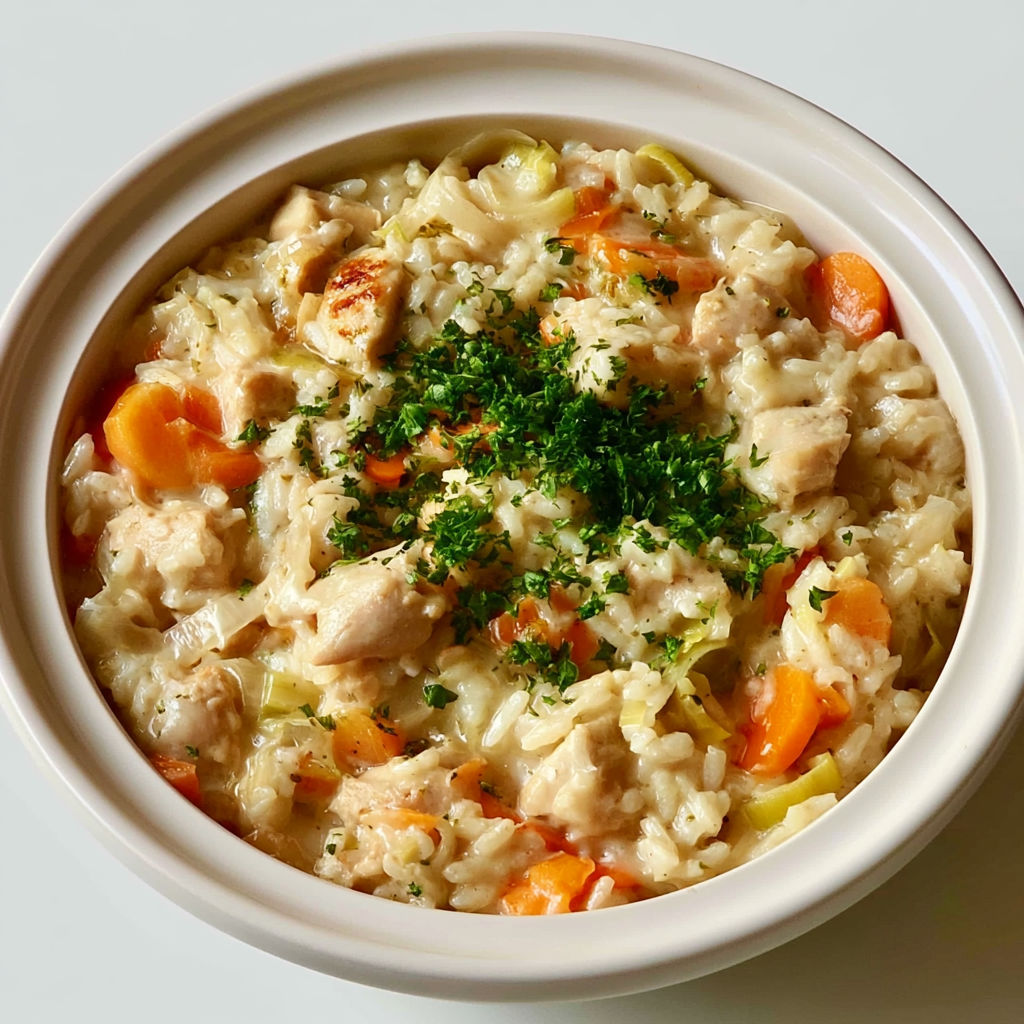 Volaille crémeuse avec légumes et riz fondants.