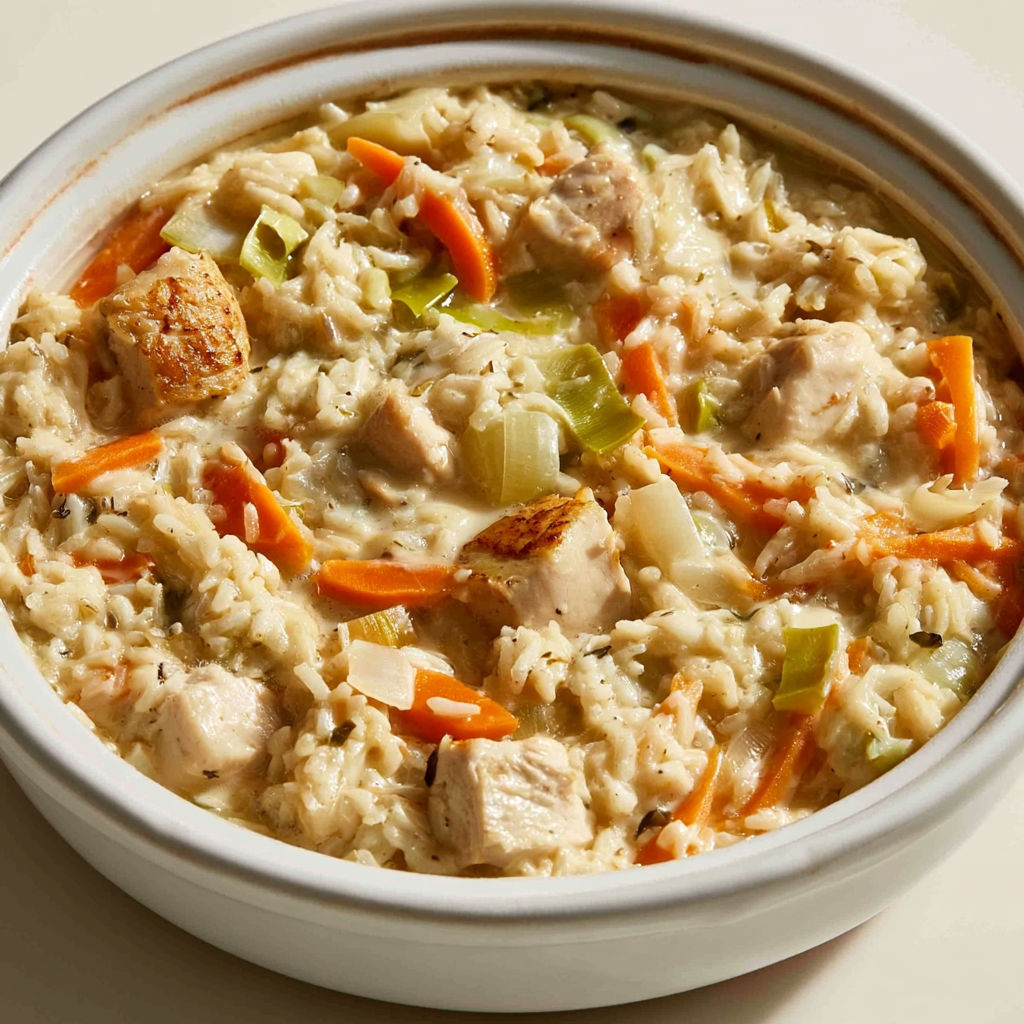 Cocotte de volaille, riz et carottes à la crème.