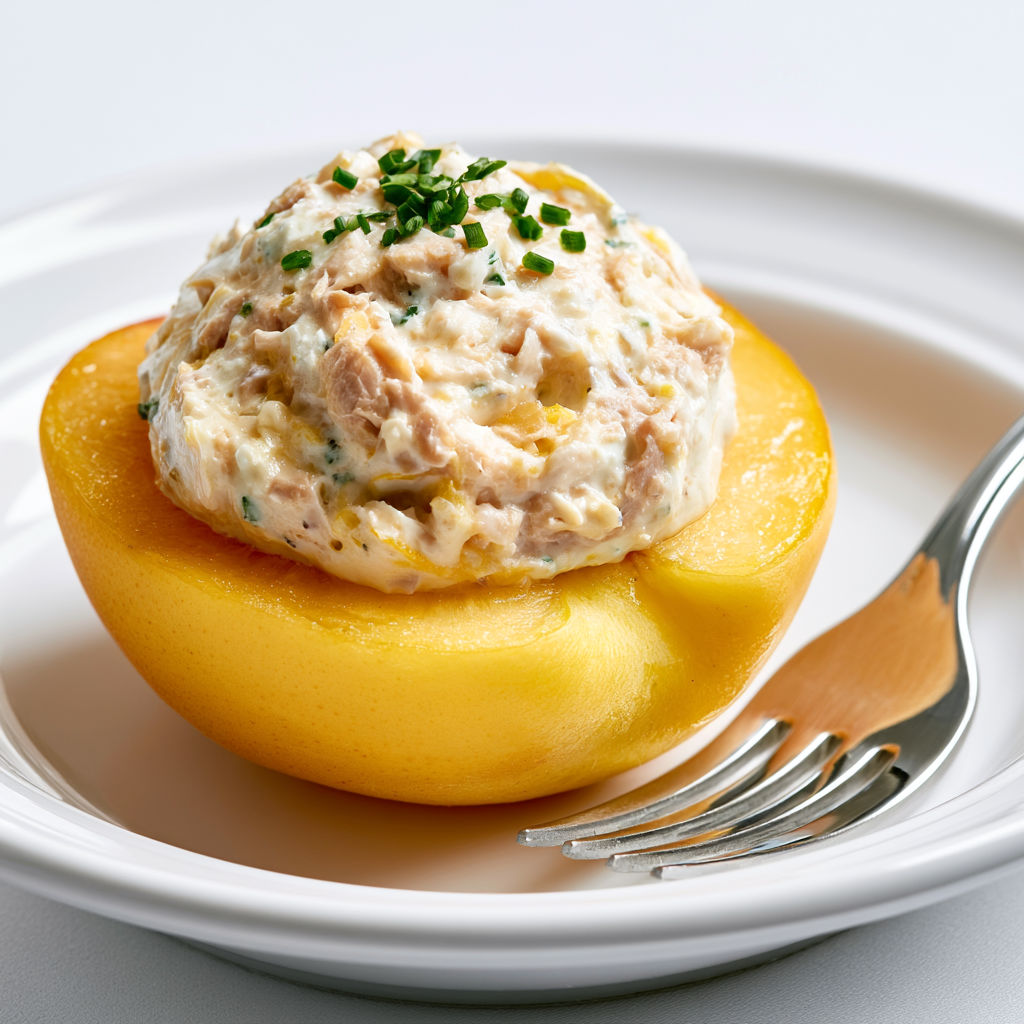 Pêches Garnies au Thon et Crème Veloutée.