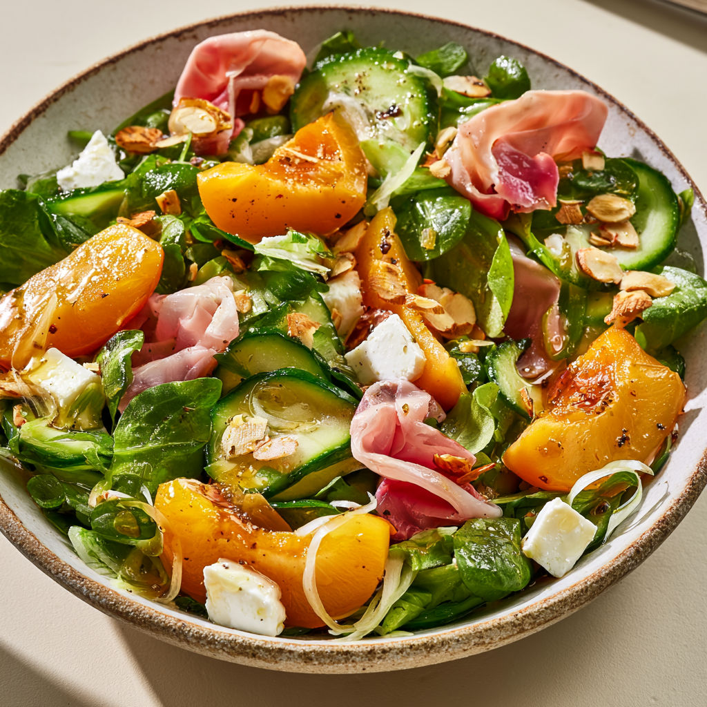 Abricots et légumes frais, une salade colorée et légère idéale en été.