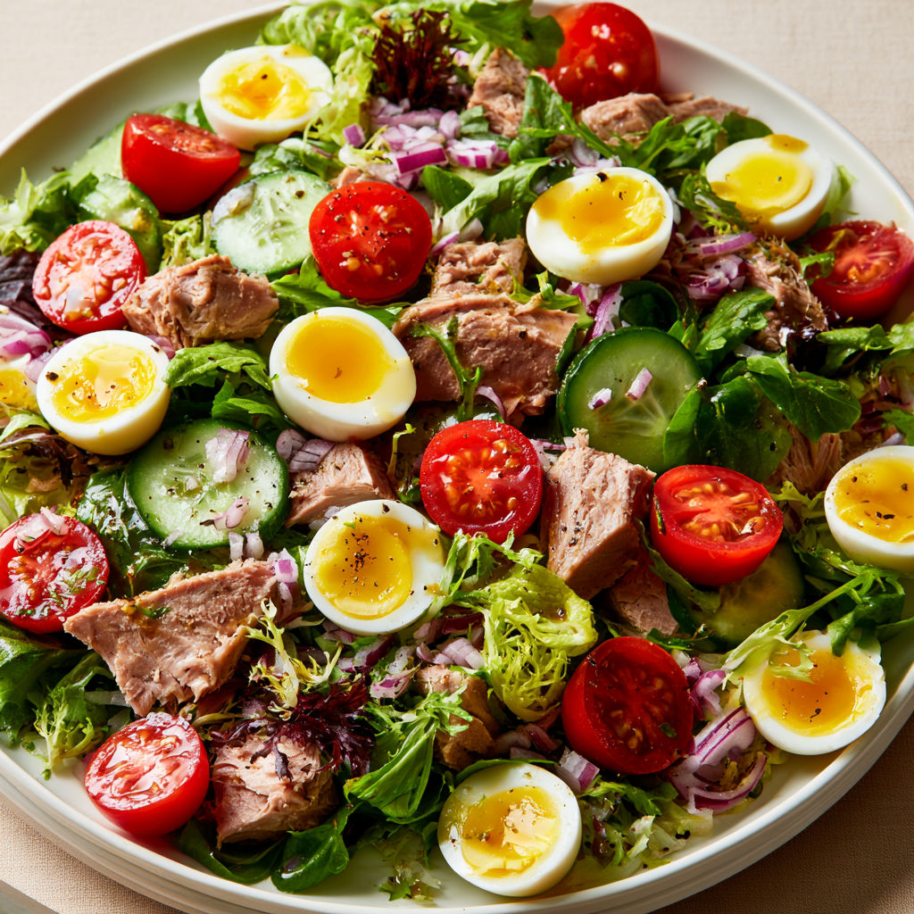 Un plat coloré avec thon, œufs et légumes croquants.
