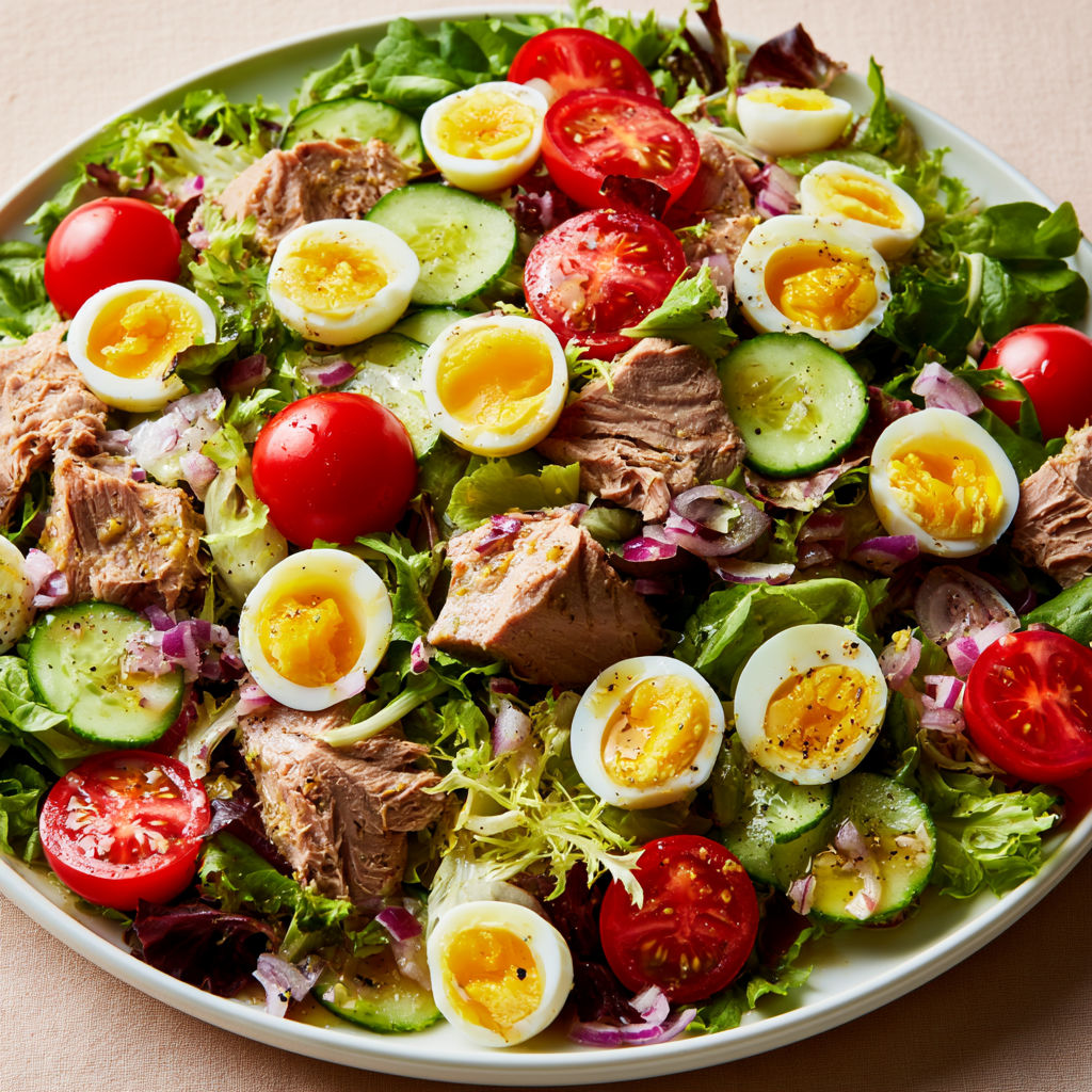 Thon, Œufs de Caille et Tomates en salade fraîche.