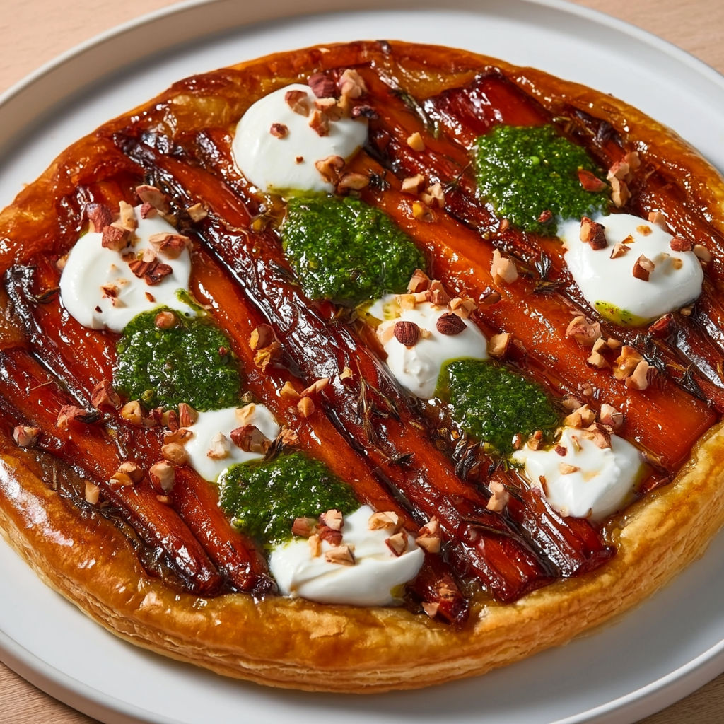 Une tarte fondante aux carottes, pesto et stracciatella fraîche servie sur une assiette.