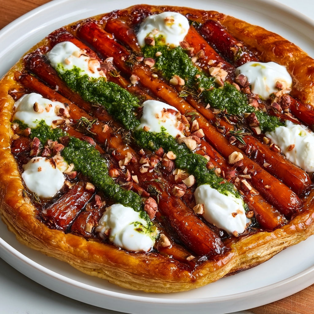 Vue tarte tatin carottes, pesto et stracciatella.