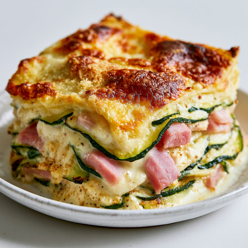 Un gratin de courgettes et jambon servi bien doré.