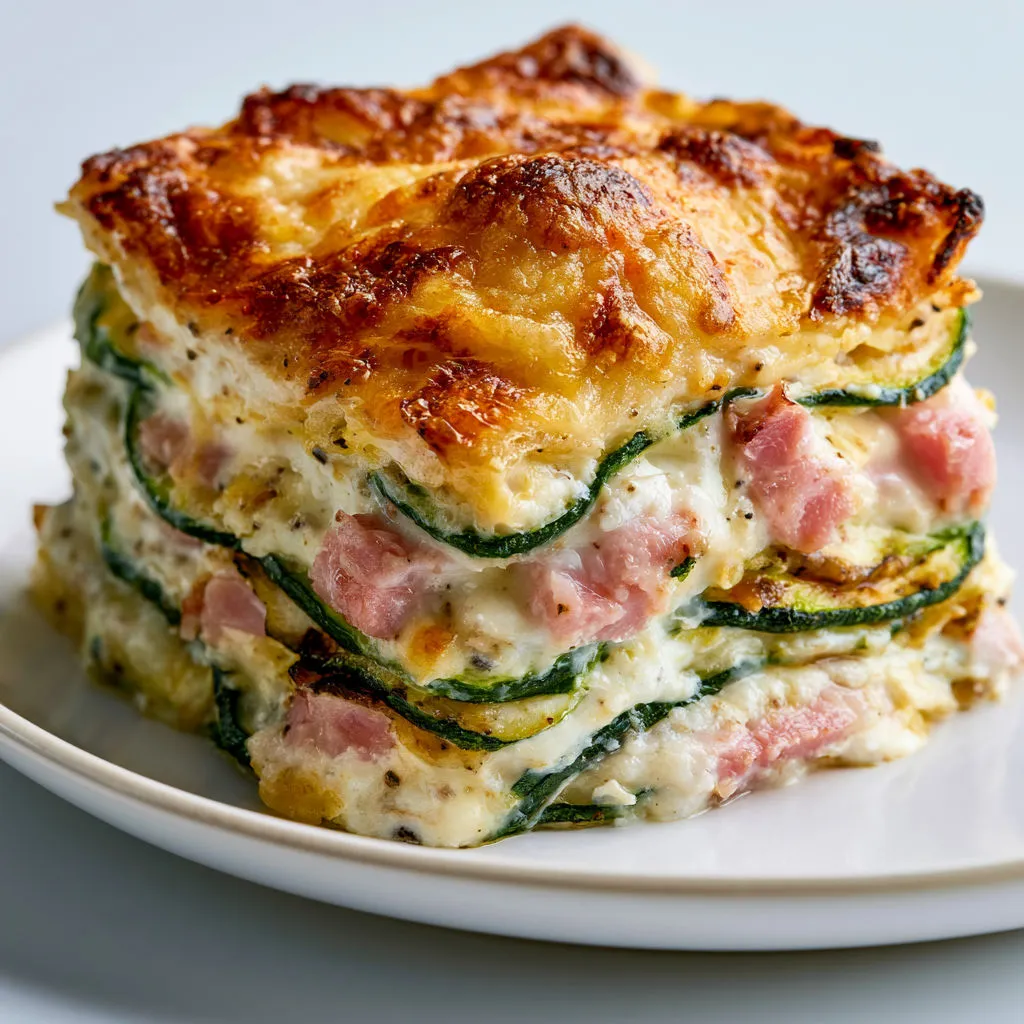 Courgettes et jambon gratinés façon lasagnes.