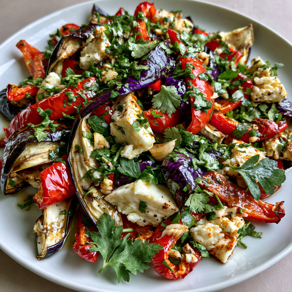 Salade colorée aux aubergines grillées et à la feta.