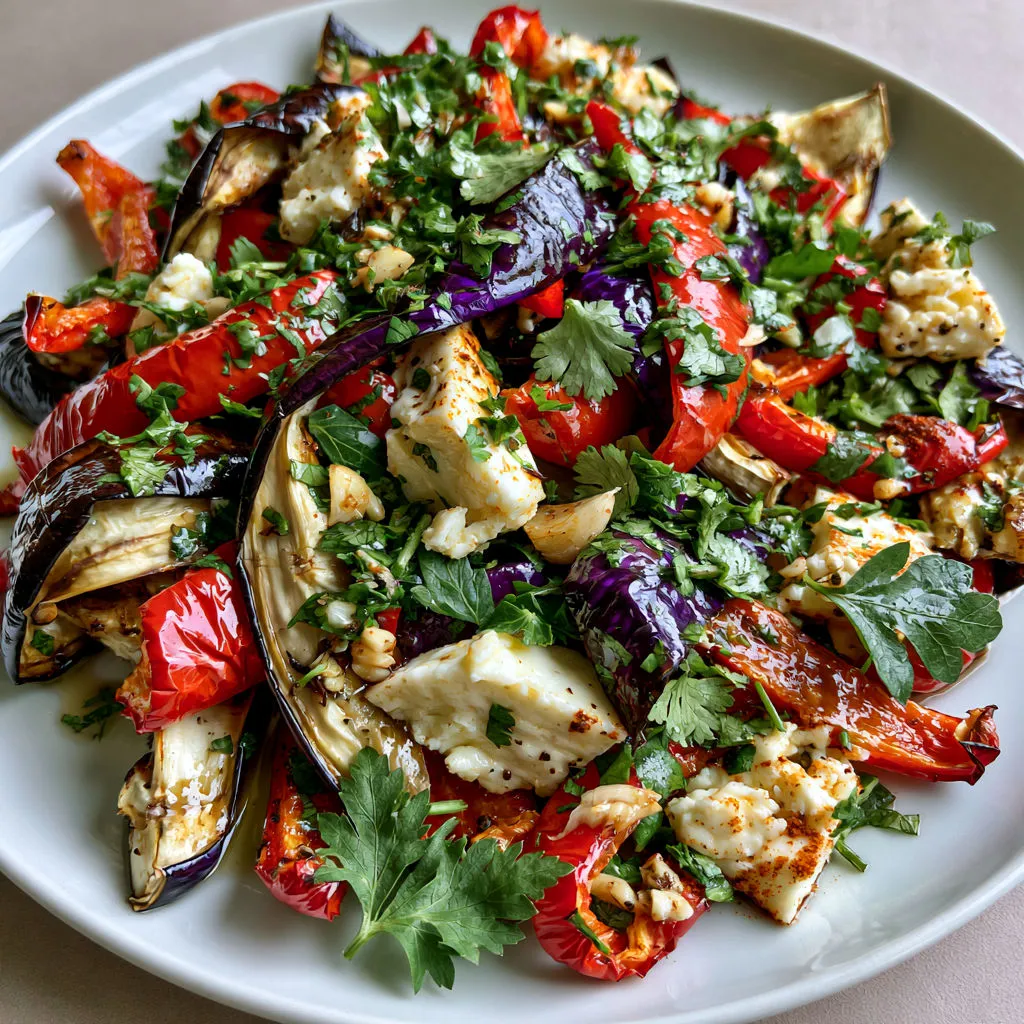 Salade colorée aux aubergines grillées et à la feta.