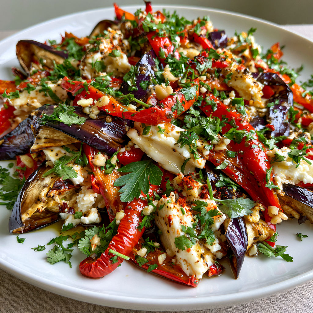 Jolie salade d’aubergines, feta et herbes fraîches.