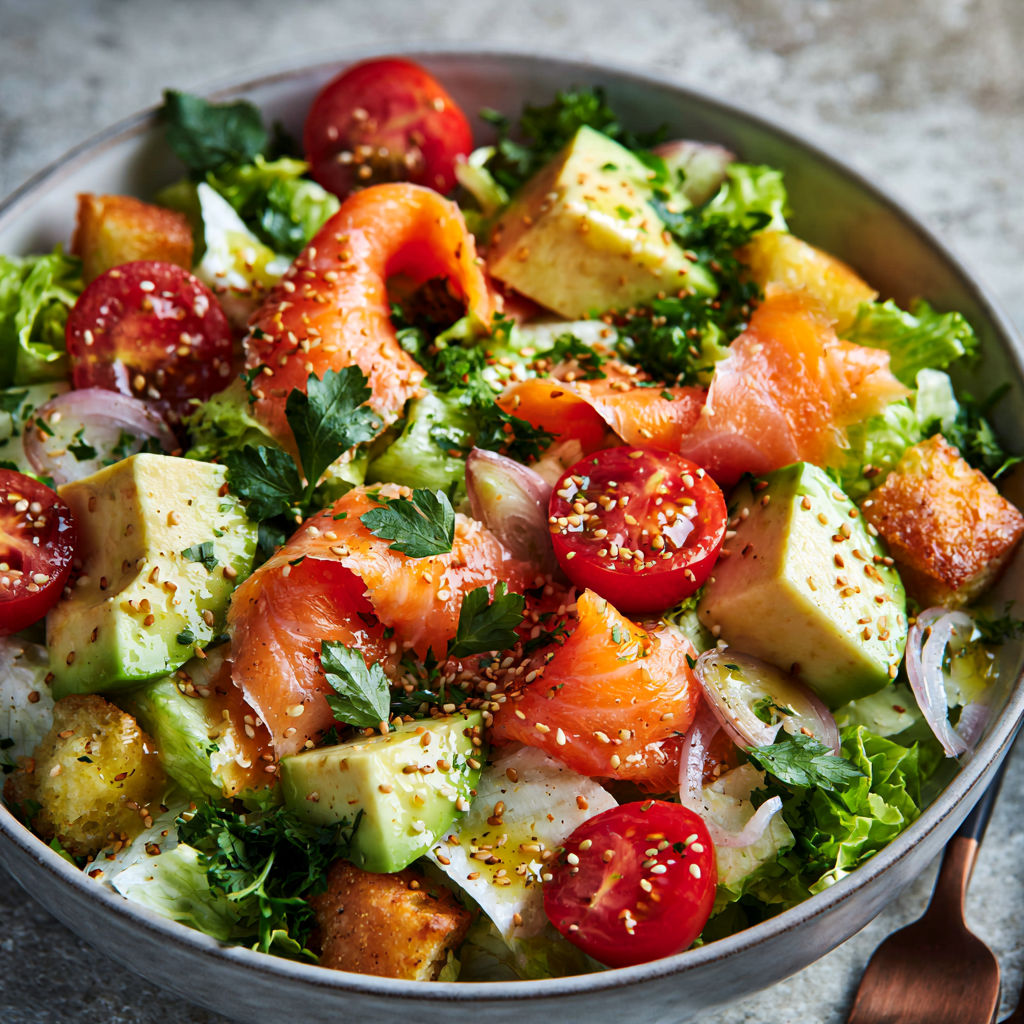 Gourmandise saumon avocat croûtons.