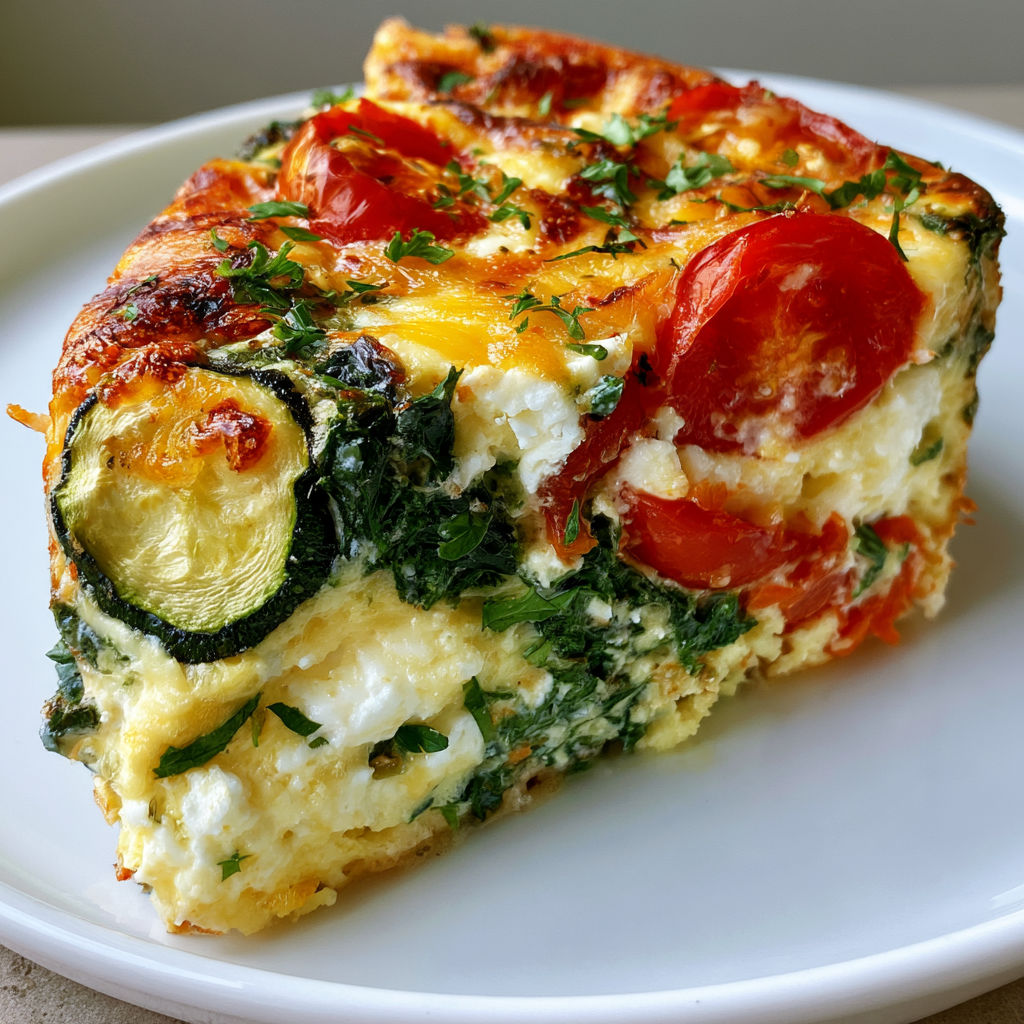 Plat d'été : une quiche sans pâte aux légumes frais et feta.