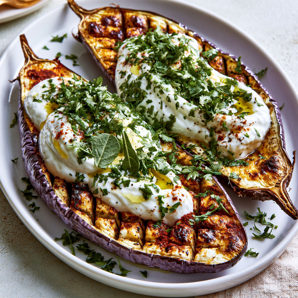 Aubergine dorée au four accompagnée d'une sauce savoureuse.