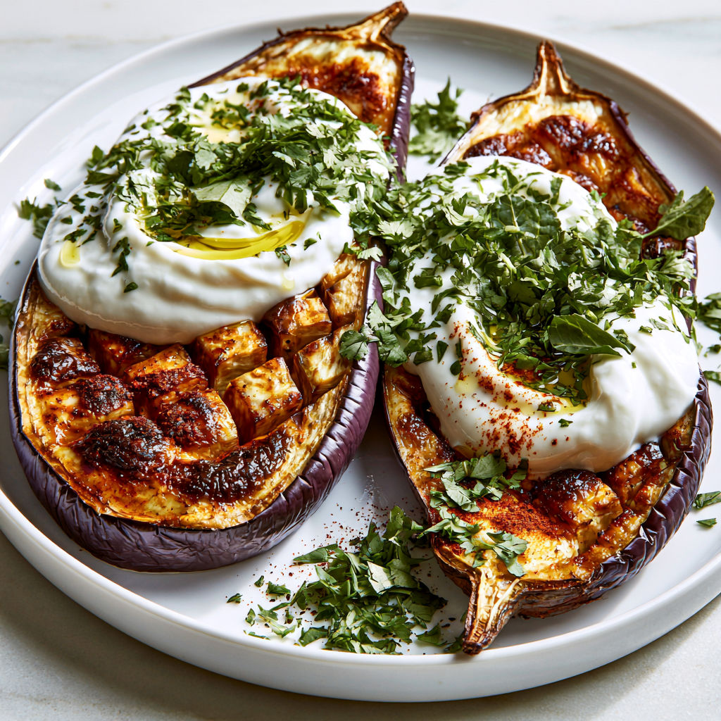 Aubergines moelleuses au four sauce citron-yaourt.
