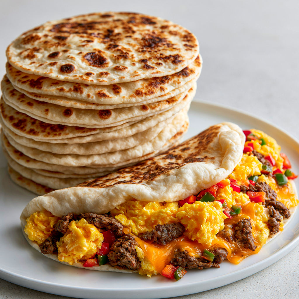 Un plateau avec des tortillas moelleuses maison, présentées avec sauce et légumes.