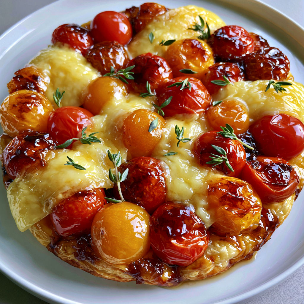 Une tarte renversée aux tomates et fromage fondant décorée d'herbes fraîches.