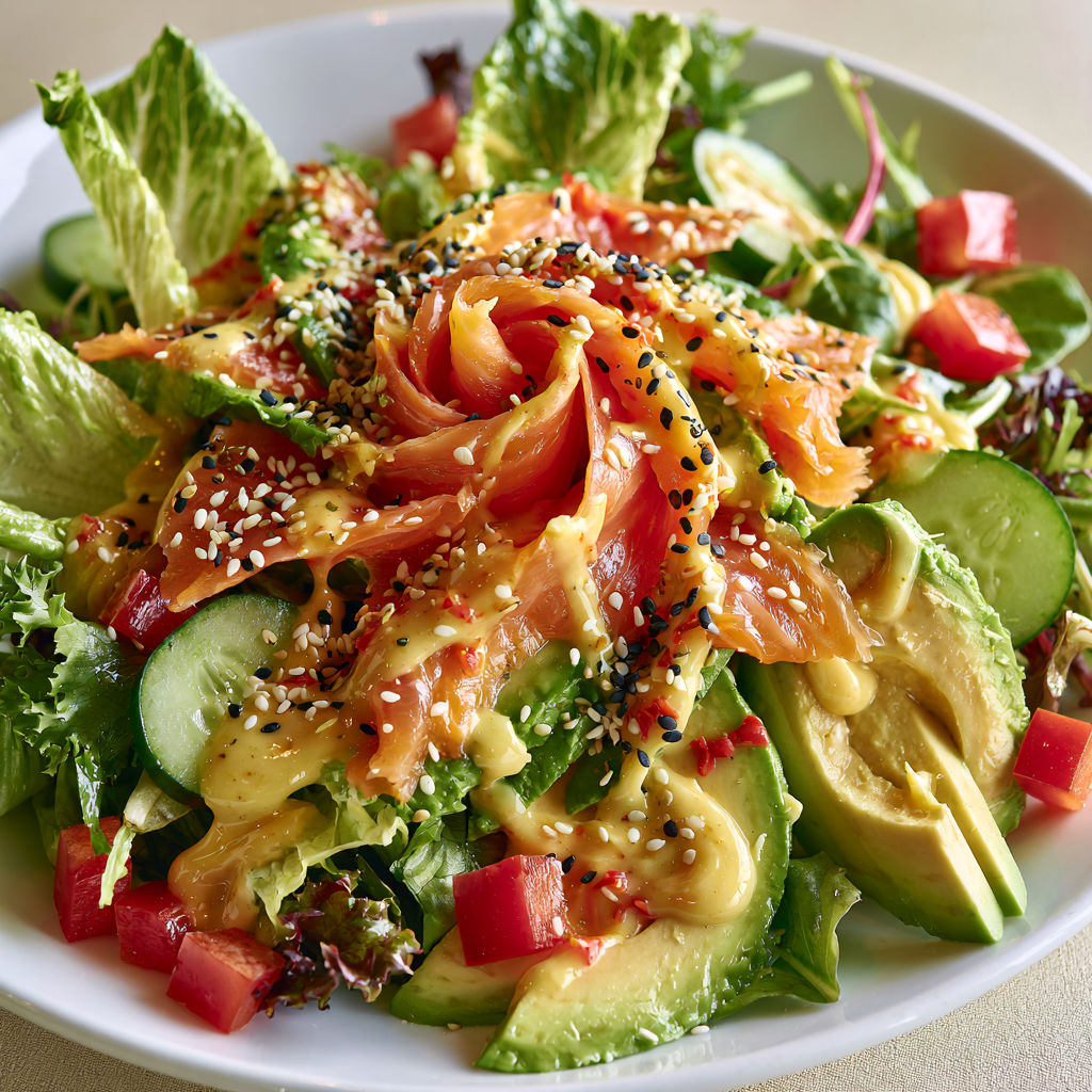 Une assiette fraîche avec avocat et saumon fumé décoré de légumes croquants.