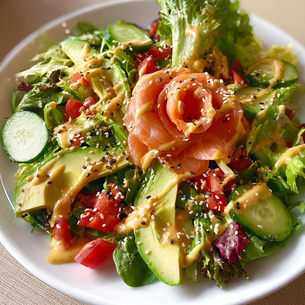 Salade colorée avec saumon fumé, avocat et sauce gingembre.