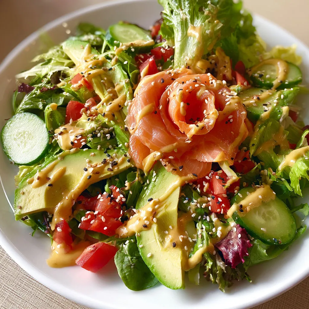 Salade colorée avec saumon fumé, avocat et sauce gingembre.