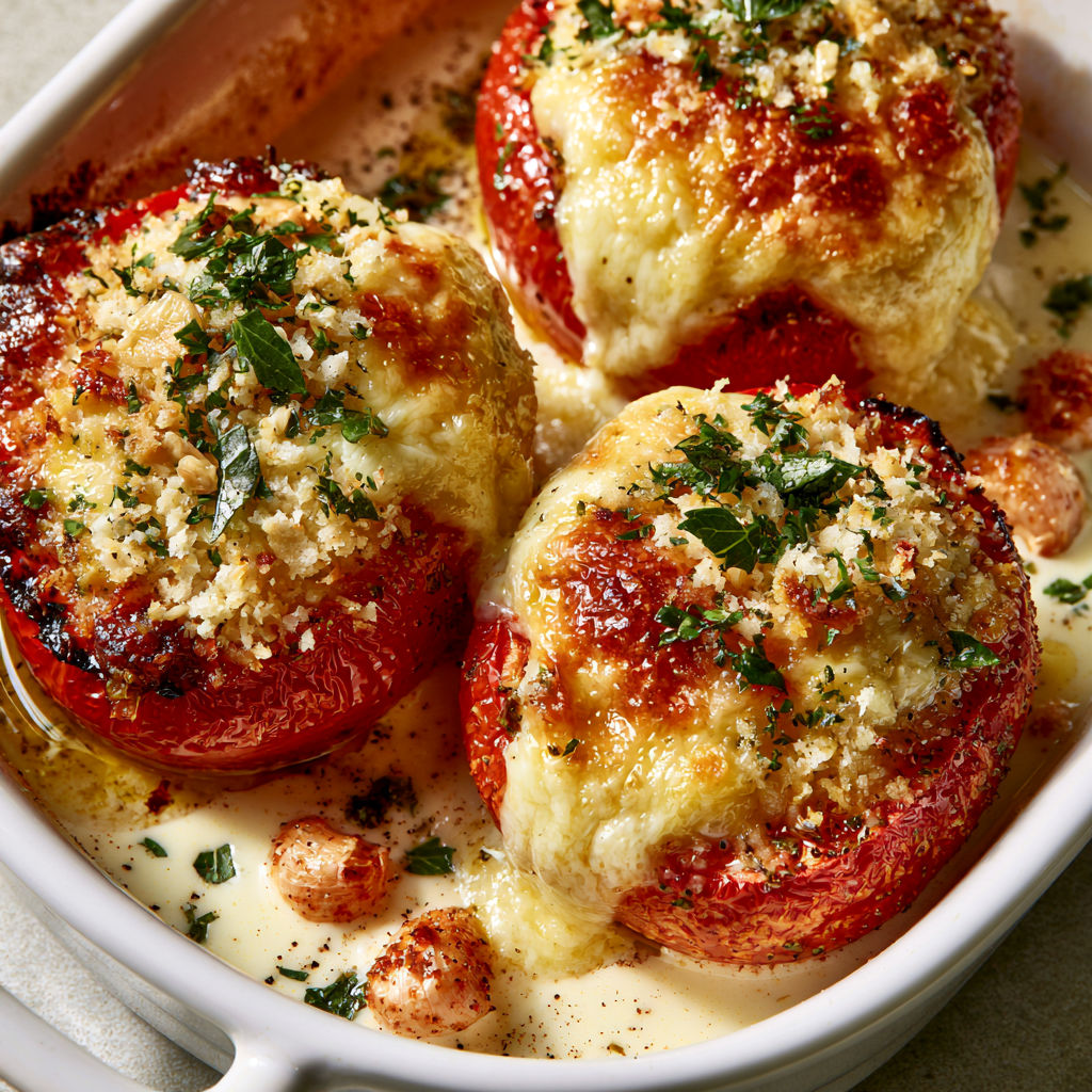 Tomates croustillantes et fondantes au four, avec crème et chapelure maison.