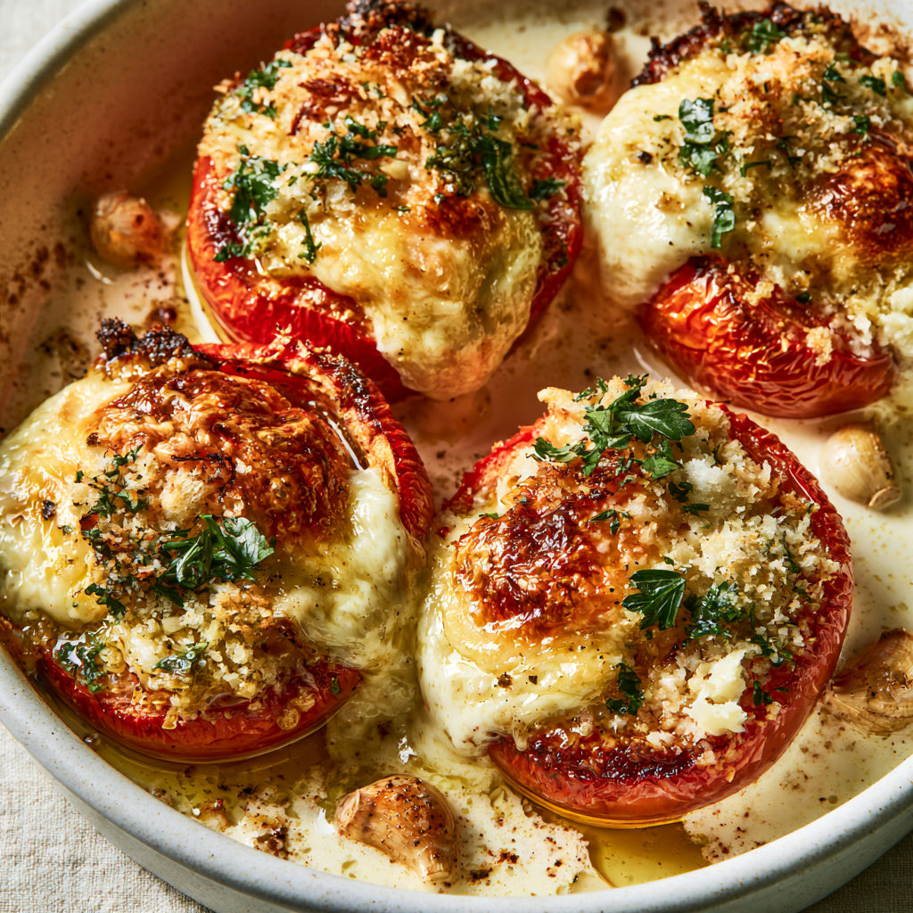 Tomates Rôties à la Crème et Herbes fraîches gratinées.