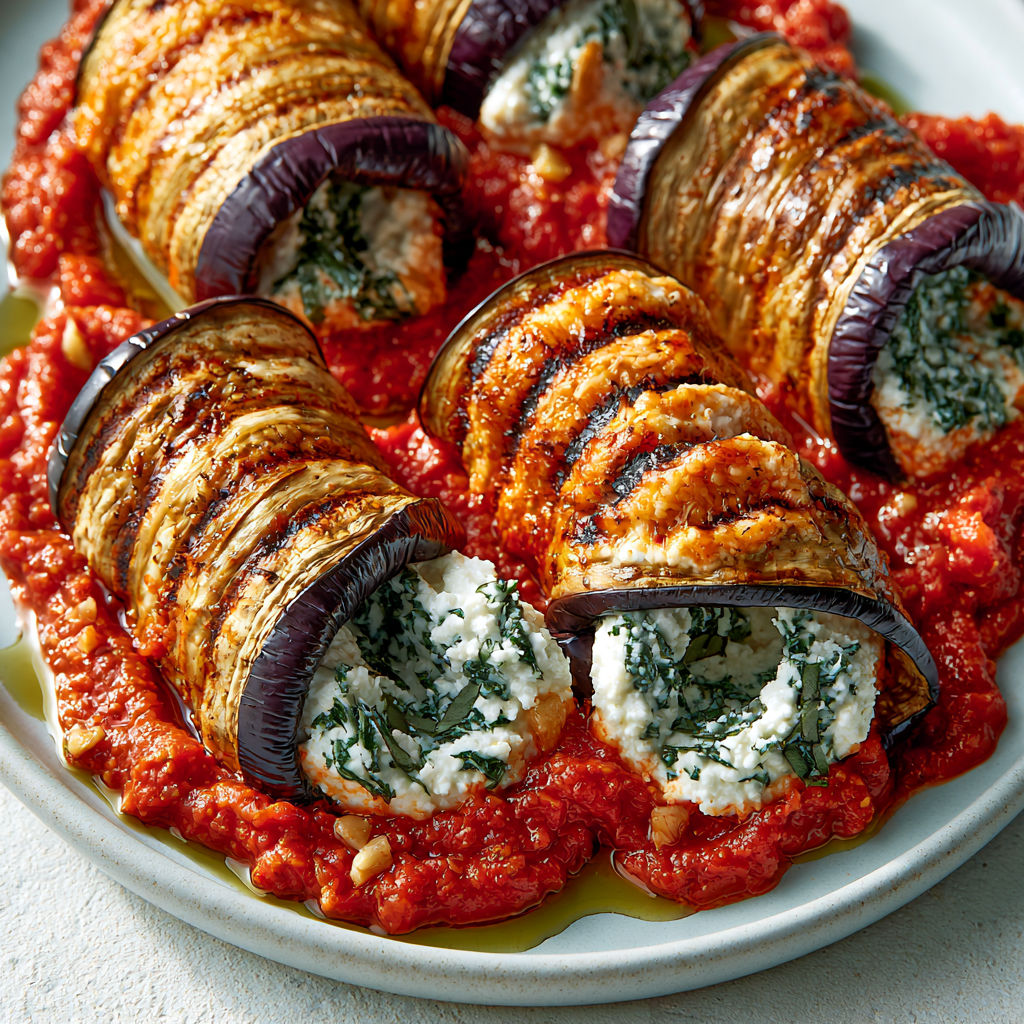 Aubergines roulées à la ricotta et au basilic, garnies pour un repas savoureux.