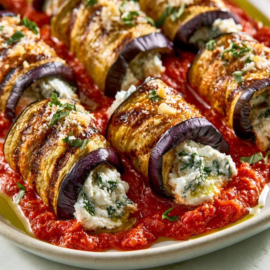 Plat d’aubergines roulées avec ricotta, basilic et coulis de tomate.