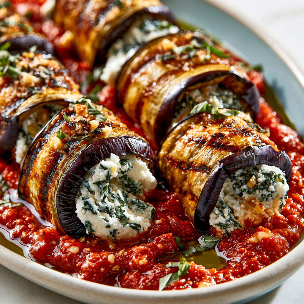 Aubergines garnies à la ricotta et parmesan dorées au four.