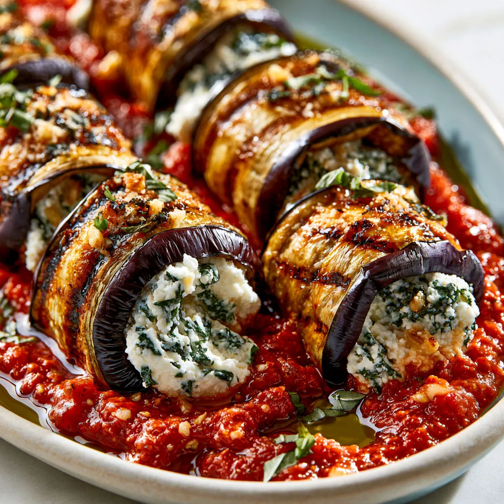 Aubergines garnies à la ricotta et parmesan dorées au four.