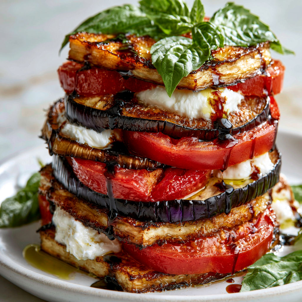 Tranches d'aubergines grillées empilées avec une sauce balsamique.