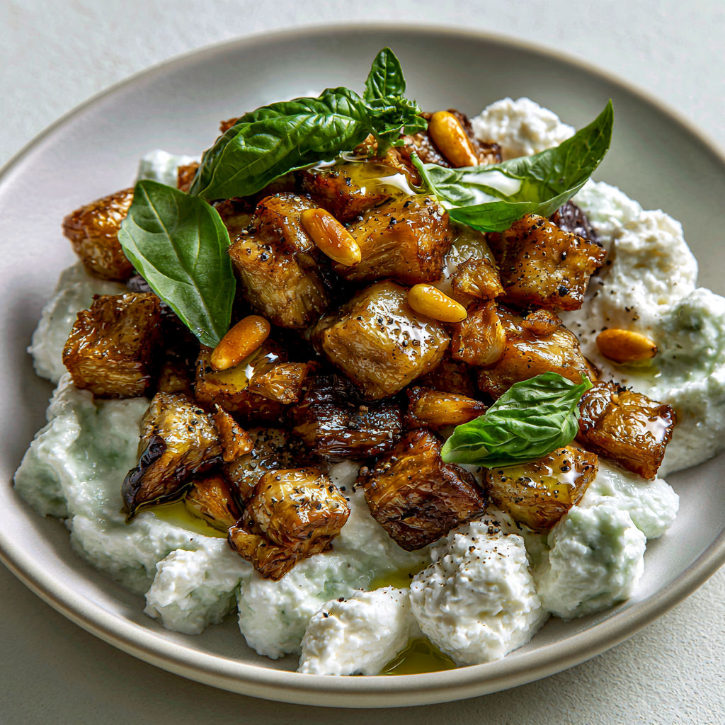 Une coupelle garnie de mousse de feta, basilic et aubergines tendres.