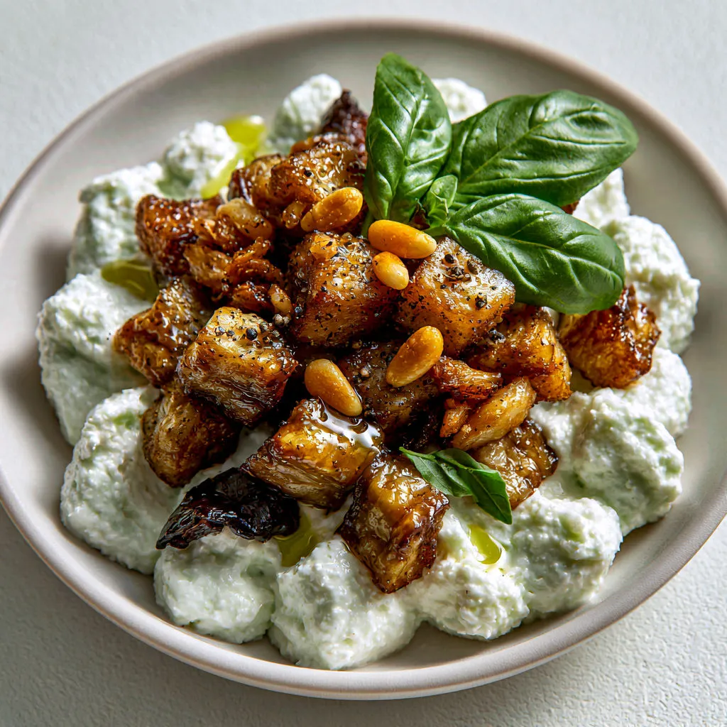 Mousse de feta au basilic et aubergines dorées.