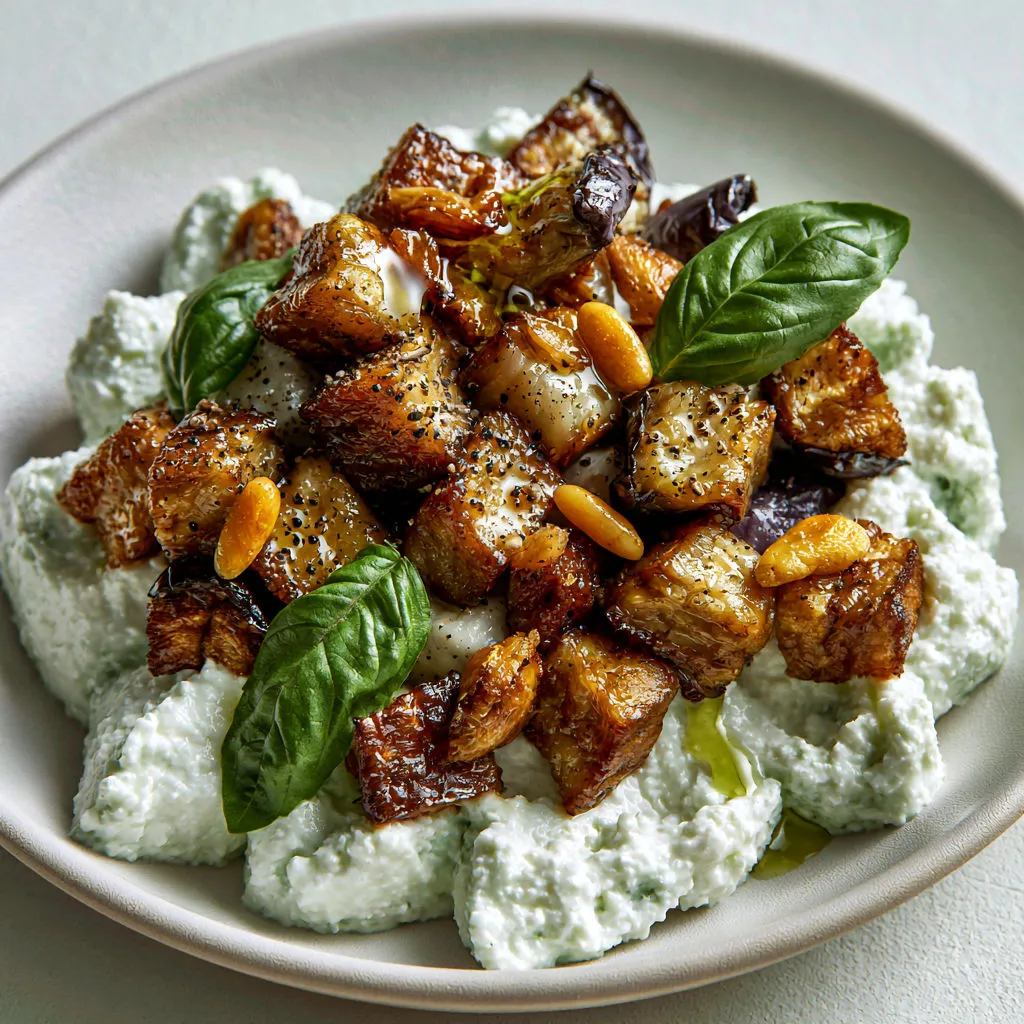 Mousse de feta crémeuse avec aubergines rôties et pignons croquants.
