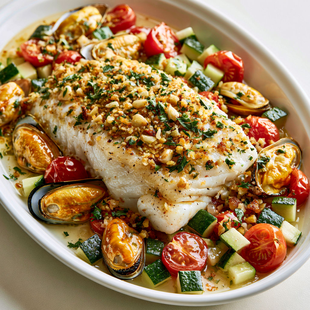 Un délicieux plat à base de poisson, courgettes, tomates cerises et moules, accompagné d'herbes fraîches.