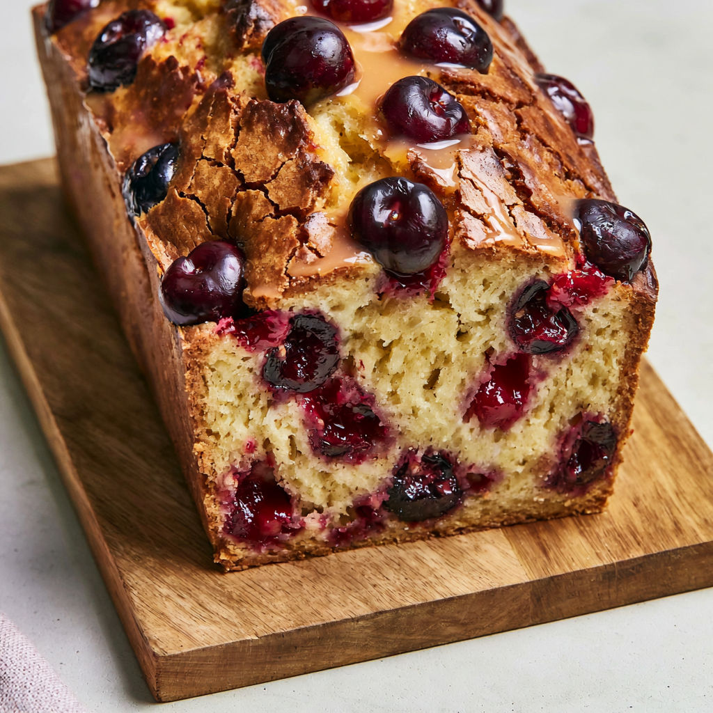 Cake aux cerises et kirsch avec tranche coupée, garni de cerises fraîches.