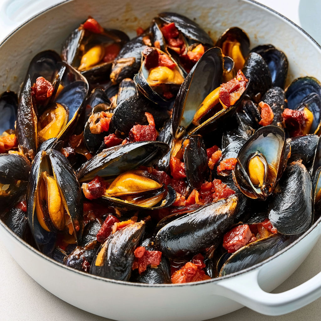 Plat cuisiné de moules au chorizo.