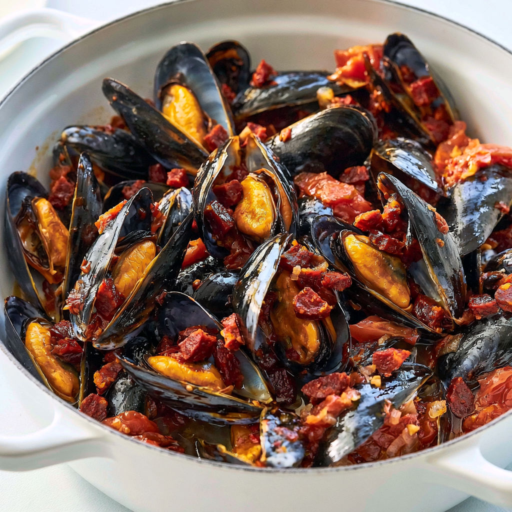 Une cocotte de moules au chorizo avec une pointe de piment d’Espelette.