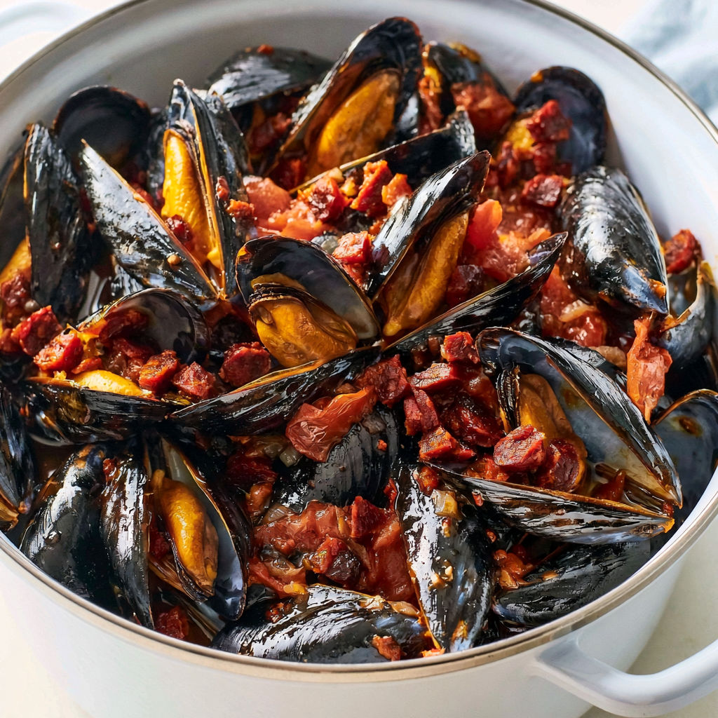 Une grosse cocotte de moules au chorizo relevées, prêtes en un rien de temps.