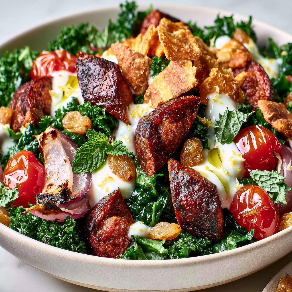 Un délicieux bol de salade mêlant merguez grillées et kale tendre, parfait pour un repas rapide.