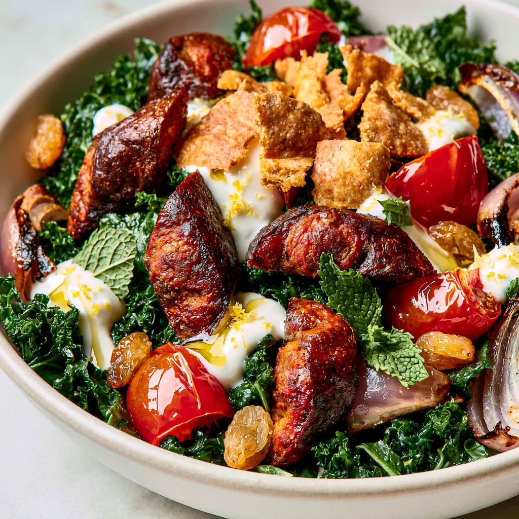 Merguez, kale croustillant et tomates au Air Fryer&nbsp;: un vrai plat complet prêt en un clin d’œil.