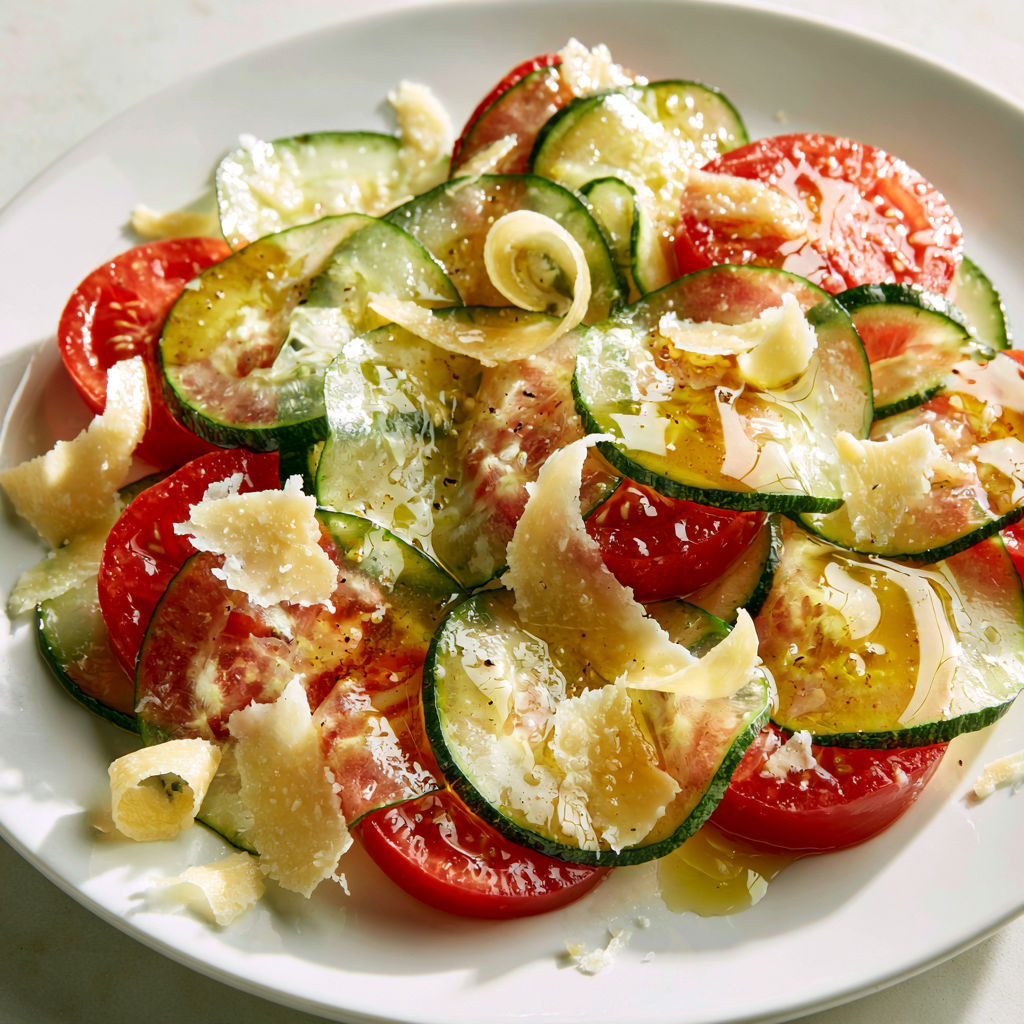 Courgettes marinées au citron et tomates pour une entrée estivale parfaite.
