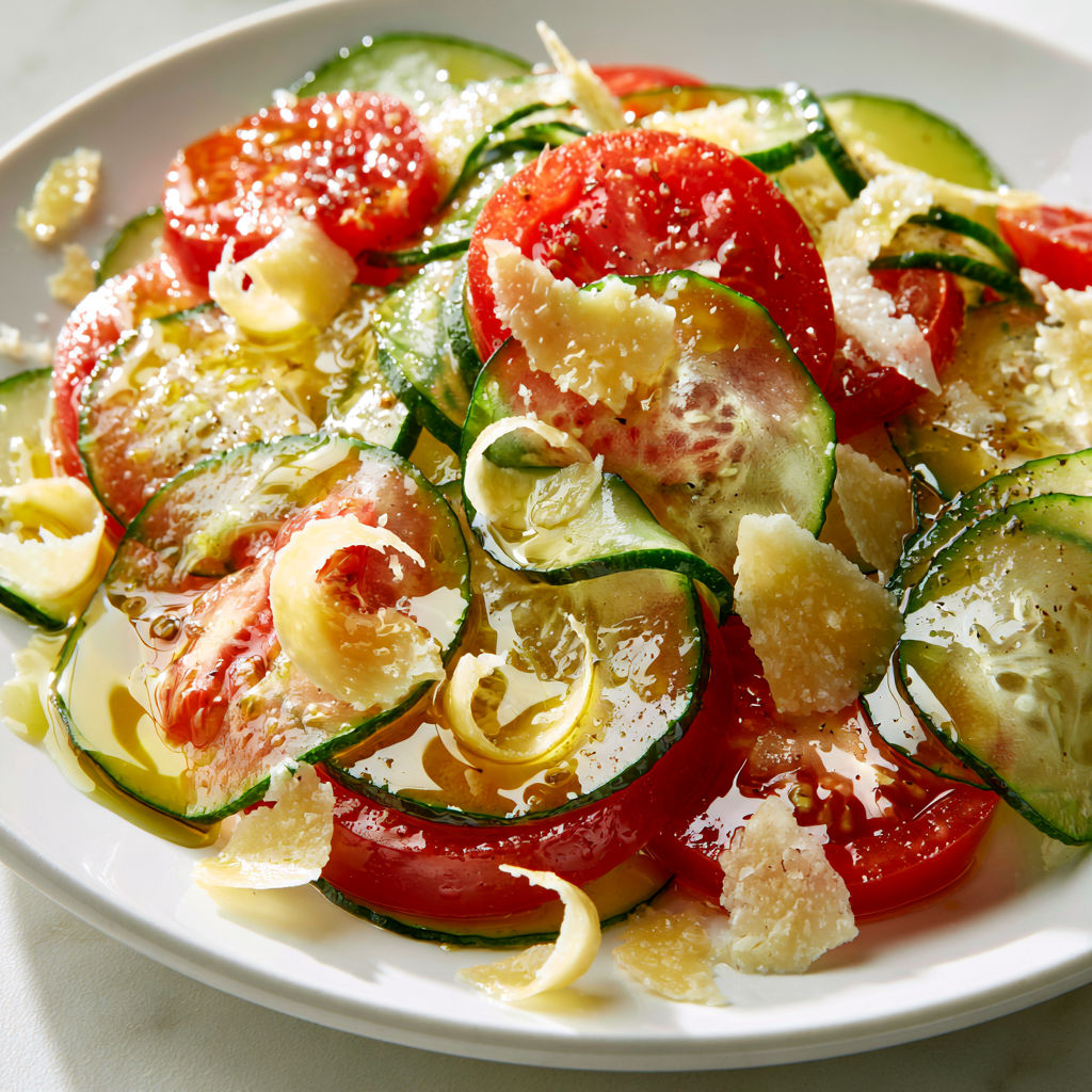 Salade fraîche courgettes, tomates et parmesan, parfaite pour l’été.