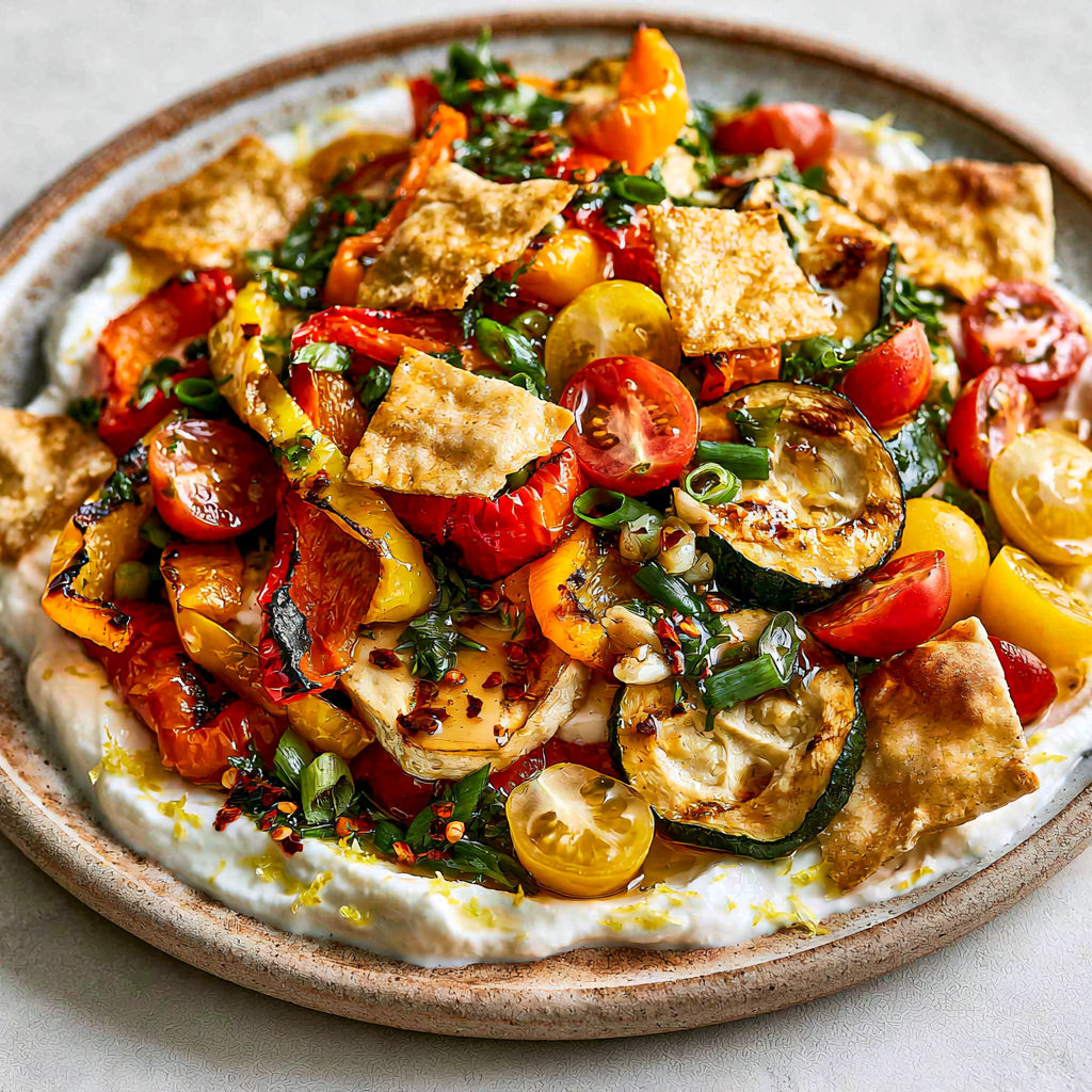 Un plat coloré de légumes grillés avec tomates cerises et sauce au yogourt.
