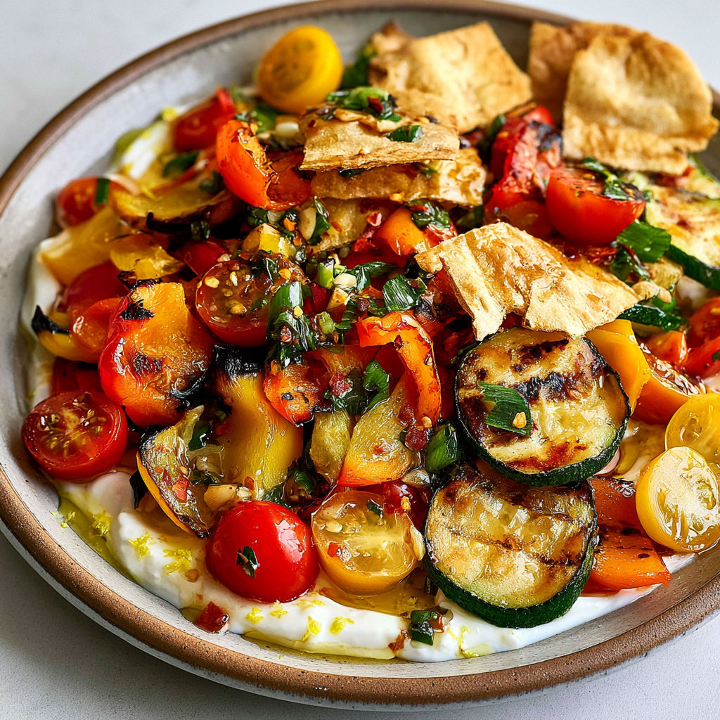 Poivrons grillés, courgettes dorées et sauce yaourt, ça donne une salade pleine de couleurs.