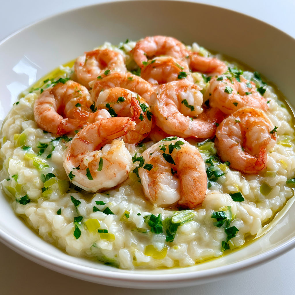 Assiette garnie de riz crémeux, crevettes sautées et légumes verts.