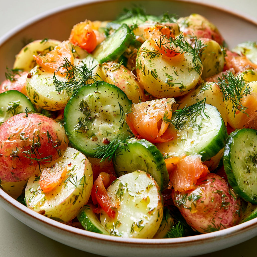 Un bol de salade aux pommes de terre et truite fumée.