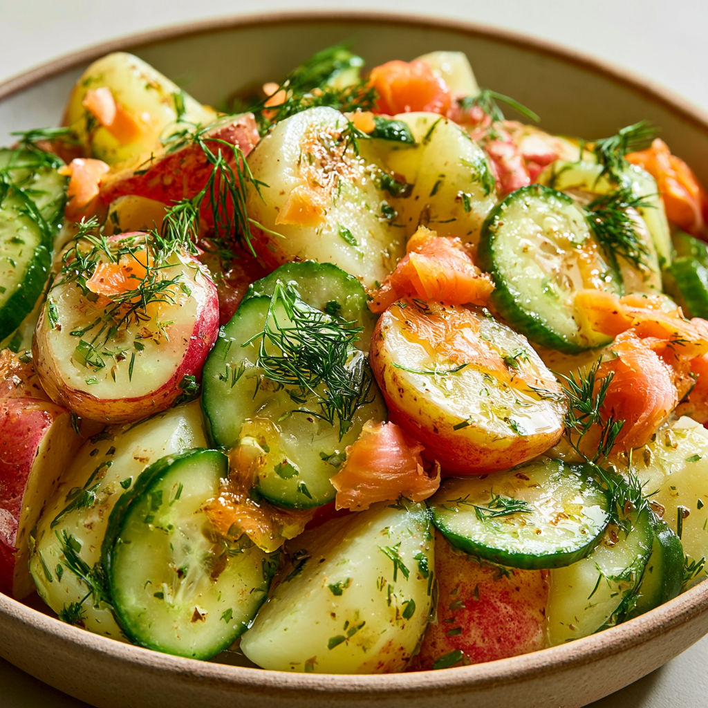 Salade de pommes de terre et truite fumée.