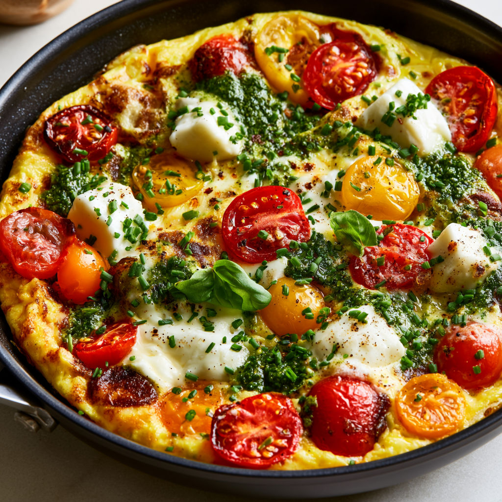 Omelette maison avec mozzarella, tomates fraîches et pesto