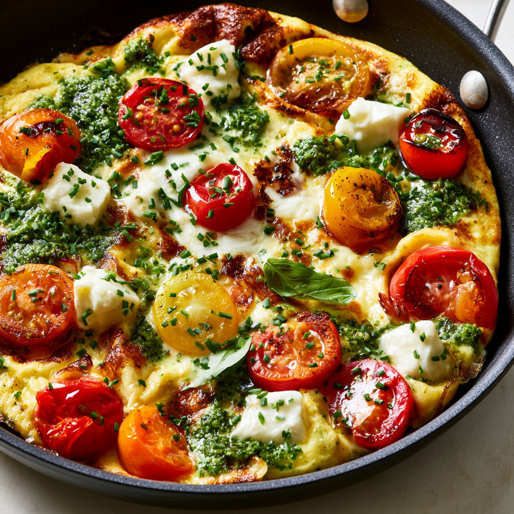 Omelette aux tomates, mozzarella et pesto prête en 15 minutes, ultra savoureuse.
