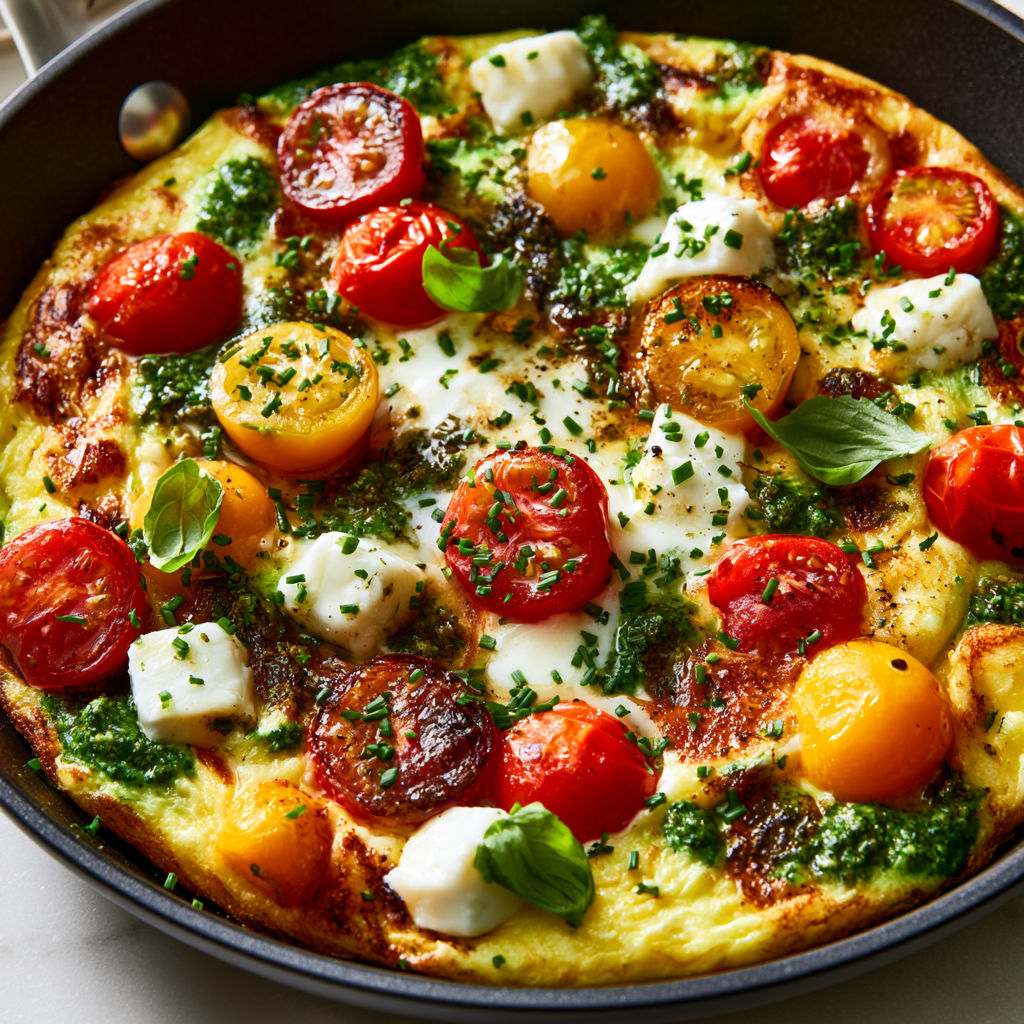 Omelette moelleuse à la mozzarella et pesto, super pour un vrai déjeuner d’été.
